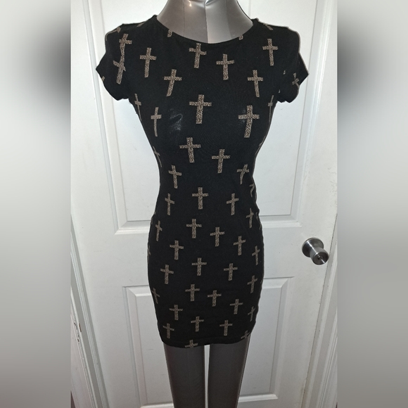 Forever 21 Leopard Print Black Crucifix Mini Dress Sz S - Picture 3 of 8